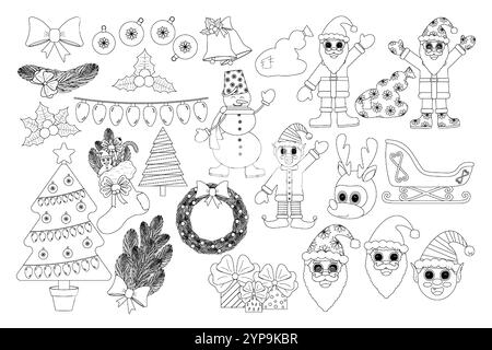 Black and white holiday-themed set featuring Santa, reindeer, snowman, gifts, Christmas trees, and festive decorations. Stock Vector