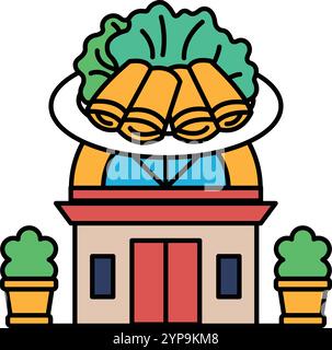 A restaurant with a plate of food on top of it. The plate has a variety of food items, including a roll, a piece of lettuce, and a carrot. The restaur Stock Vector