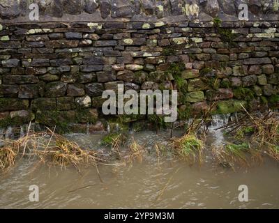 Water seeping through an old dry stone wall causing flooding on a stormy day near Skipton, North Yorkshire, England. Stock Photo