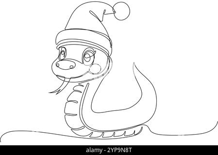 Coloring page of a funny friendly snake wearing a Santa hat. Vector outline drawing. No artificial intelligence was used to create the illustration. . Stock Vector