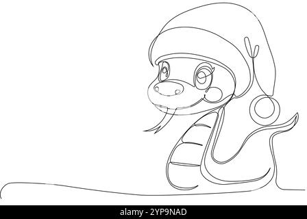 Coloring page of a funny friendly snake wearing a Santa hat. Vector outline drawing. No artificial intelligence was used to create the illustration. . Stock Vector