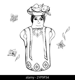 Mexican Spanish porcelain doll table decoration figurine with floral ornament decoration, fruit basket. Hand drawn ink vector isolated illustration Stock Vector