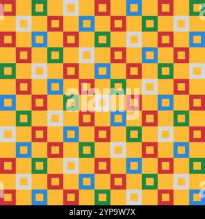 Vibrant seamless pattern featuring colorful squares in check and plaid styles. This modern design with abstract geometric elements is perfect for luxu Stock Vector