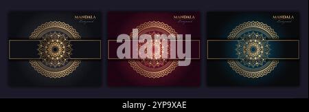 Set of abstract gold luxury mandala background vector template, Circular ornamental arabesque pattern for poster, cover, brochure, flyer. Red, green, Stock Vector