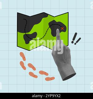 Hand pointing at marked location on the map. Treasure hunt concept. Travel and holiday theme. Flat vector pop art illustration. Stock Vector