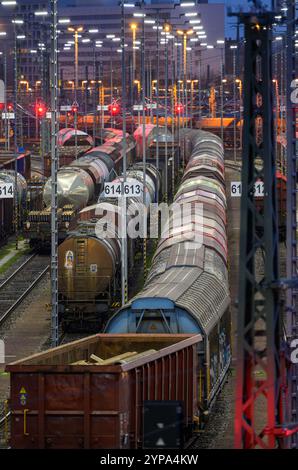 PRODUCTION - 26 November 2024, Saxony-Anhalt, Halle (Saale): Freight wagons stand on the train formation yard in the Halle/Saale marshalling yard. The facility is one of the most modern of its kind in Europe. The Halle/Saale rail junction is an important hub for both freight and passenger transport in Central Germany. Photo: Hendrik Schmidt/dpa Stock Photo