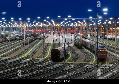 PRODUCTION - 26 November 2024, Saxony-Anhalt, Halle (Saale): Freight wagons stand on the train formation yard in the Halle/Saale marshalling yard. The facility is one of the most modern of its kind in Europe. The Halle/Saale rail junction is an important hub for both freight and passenger transport in Central Germany. Photo: Hendrik Schmidt/dpa Stock Photo