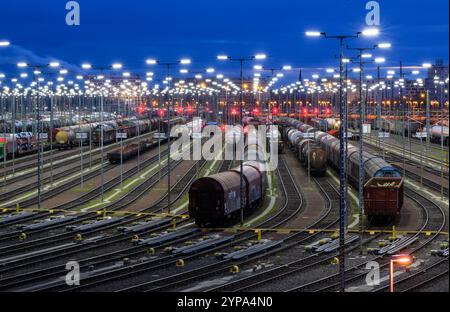 PRODUCTION - 26 November 2024, Saxony-Anhalt, Halle (Saale): Freight wagons stand on the train formation yard in the Halle/Saale marshalling yard. The facility is one of the most modern of its kind in Europe. The Halle/Saale rail junction is an important hub for both freight and passenger transport in Central Germany. Photo: Hendrik Schmidt/dpa Stock Photo