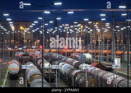 PRODUCTION - 26 November 2024, Saxony-Anhalt, Halle (Saale): Freight wagons stand on the train formation yard in the Halle/Saale marshalling yard. The facility is one of the most modern of its kind in Europe. The Halle/Saale rail junction is an important hub for both freight and passenger transport in Central Germany. Photo: Hendrik Schmidt/dpa Stock Photo