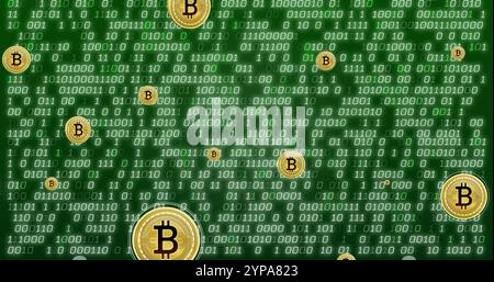 Image of bitcoin currency icons financial data processing over binary coding Stock Photo