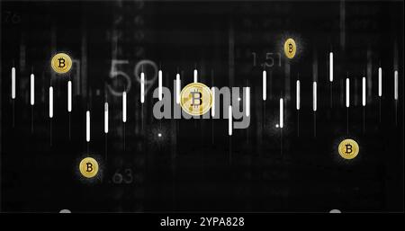 Image of bitcoin currency icons financial data processing over binary coding Stock Photo