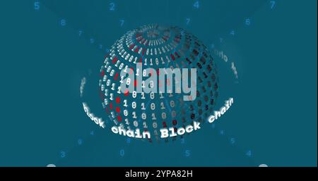 Image of binary coding over globe with block chain texts Stock Photo