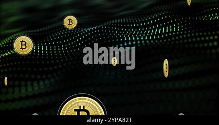 Image of bitcoin currency icons financial data processing over binary coding Stock Photo