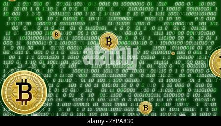 Image of bitcoin currency icons financial data processing over binary coding Stock Photo