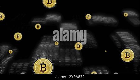 Image of bitcoin currency icons financial data processing over binary coding Stock Photo