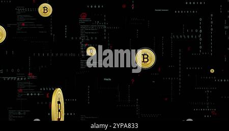 Image of bitcoin currency icons financial data processing over binary coding Stock Photo