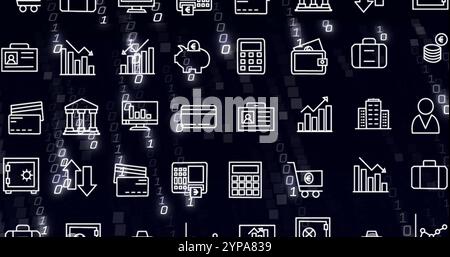 Image of business icons financial data processing over binary coding Stock Photo
