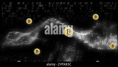 Image of bitcoin currency icons financial data processing over binary coding Stock Photo