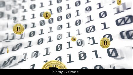 Image of bitcoin currency icons financial data processing over binary coding Stock Photo