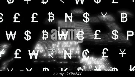 Image of currency icons financial data processing over binary coding Stock Photo