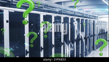 Image of green question marks and data processing over computer servers Stock Photo