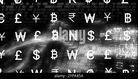Image of currency icons financial data processing over binary coding Stock Photo