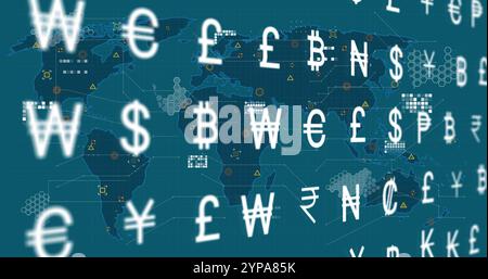 Image of world map over currency symbols Stock Photo