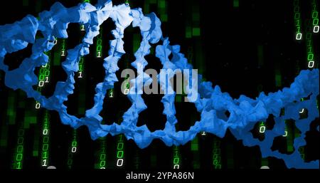 Image of dna strand, binary coding and data processing over black background Stock Photo