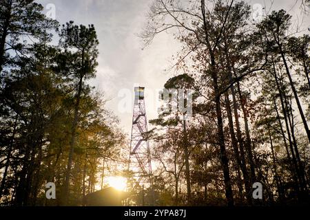 The sun rises behind a tall fire observation tower. Stock Photo