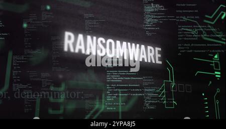 Image of ransomware text and digital data processing over black background Stock Photo