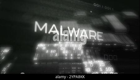 Image of malware text and digital data processing over black background Stock Photo
