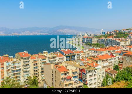 Izmir skyline panorama from 1900s Asansor of historic landmark in Turkey. Charming design and timeless allure, the Asansor has become a cherished symb Stock Photo