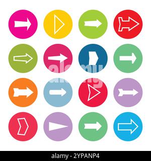 Set of sixteen arrows in a colorful circles. Vector illustration Stock Vector