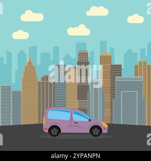 Blue car in the city. Automobile on a background of skyscrapers on a sunny day. Vector illustration. Stock Vector