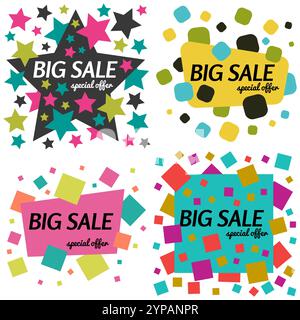 Set of big sale special offer square banners on white background.  Vector background with colorful design elements. Vector illustration. Stock Vector