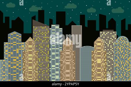 Night urban landscape. Street view with cityscape, skyscrapers and modern buildings at sunny day. City space in flat style background concept. Stock Vector
