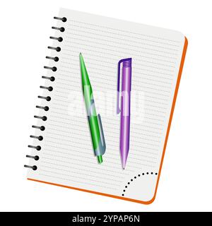 Notebook, green  pen and purple pen on a white background Stock Vector