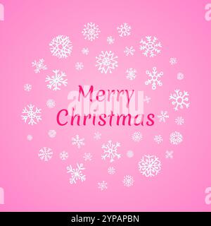 Christmas round banner with white snowflakes on pink background and inscription Merry Christmas. Vector illustration Stock Vector
