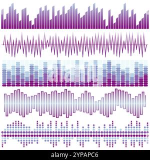 Vector set of purple sound waves. Audio equalizer. Sound & audio waves isolated on white background. Stock Vector