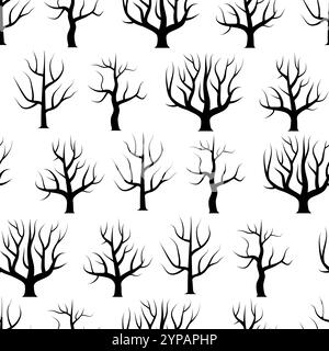 Seamless black and white curved trees without leaves backgrounds. Vector forest seamless texture. Stock Vector