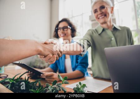 Cropped photo of successful corporate women handshake modern interior office business center indoors Stock Photo