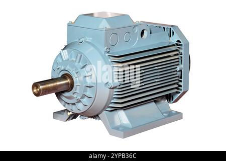 Electric motor showcasing detailed design for industrial applications and engineering projects, isolated on white background. Stock Photo