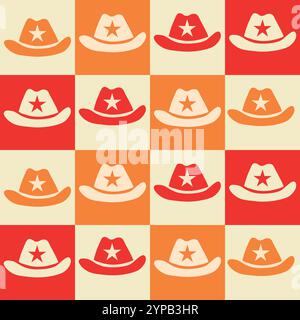 Checkered cowgirl hat seamless pattern on red , orange and white checkerboards. For fabric, textile and wrapping paper Stock Vector