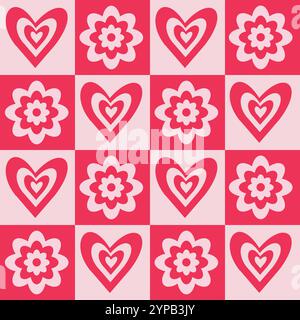 Checkered Groovy Psychedelic Hearts with retro flowers on red and white checkerboards seamless pattern. For Valentine’s Day print, wrapping paper and Stock Vector