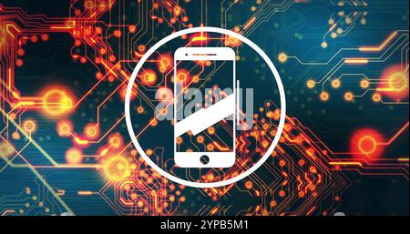 Image of smartphone icon and data processing over circuit board on black background Stock Photo