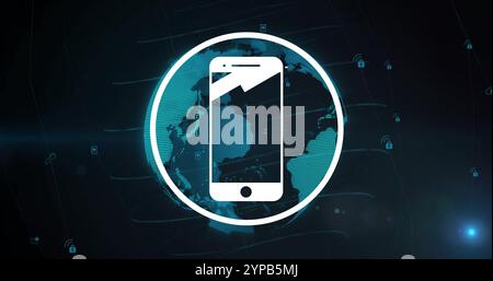 Image of smartphone icon and data processing over globe on black background Stock Photo