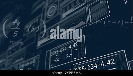 Image of mathematical data processing over screens on dark background Stock Photo