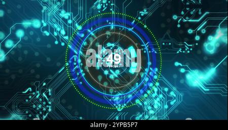 Image of speedometer numbers and data processing over circuit board on black background Stock Photo