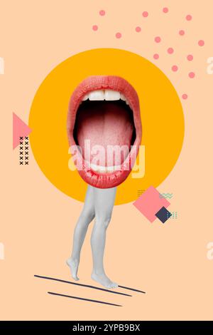 Woman legs and and a woman open mouth on an orange circle and on a  background with geometric shapes Stock Photo