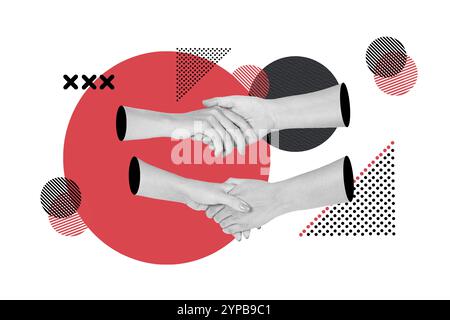 Women holding hands over a red circle on a geometric shapes background Stock Photo
